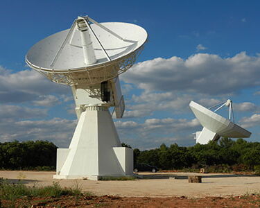 Foreground: 13.2 m VLBI 2010 radio telescope built by MT Mechatronics in Yebes; Background: 40 m radio telescope also built by MT Mechatronics and inaugurated by the Spanish Prince Felipe in 2005.